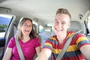 Mother and son in car