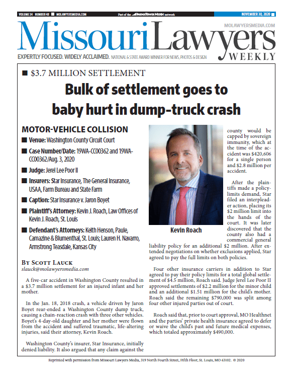 Bulk of settlement goes to baby hurt in dump-truck crash