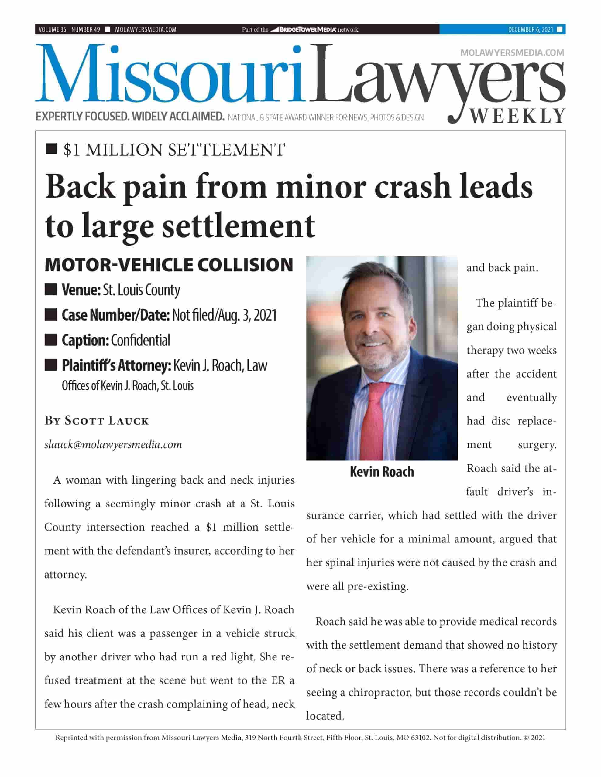 Back pain from minor crash leads to large settlement